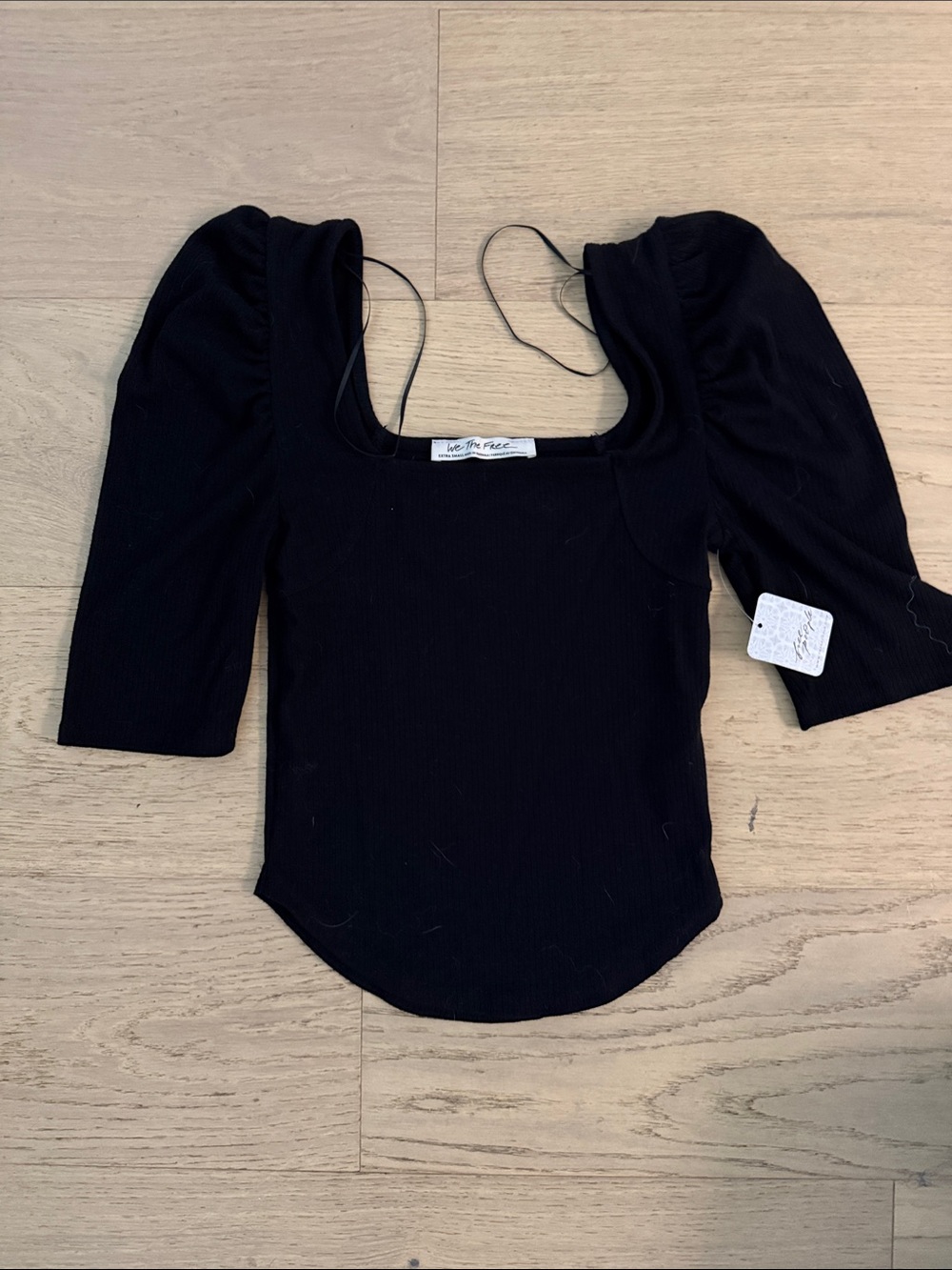 Free People Black Square Neck Puff Sleeve Ribbed Tee